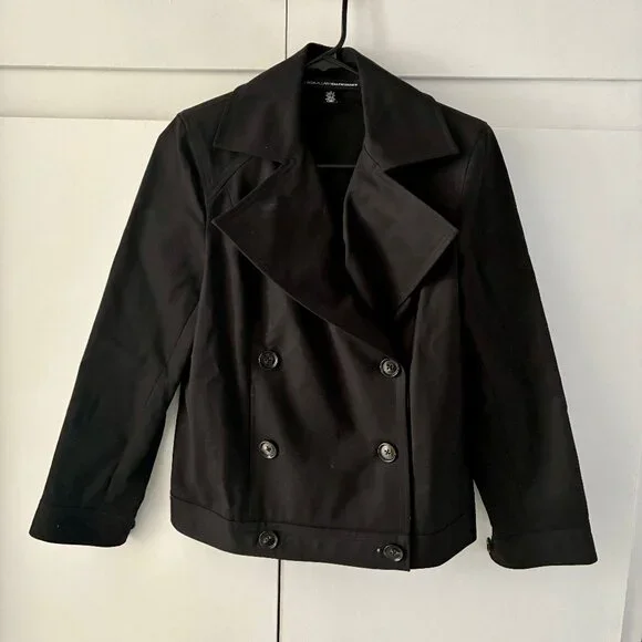 Linda Allard Ellen Tracy Black, Double Breasted Crop Peacoat Style Jacket - Picture 4 of 11